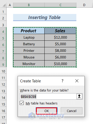 Inserting a Table to Sort Data in Excel Chart