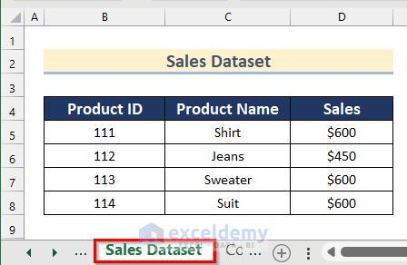 Sales Dataset Worksheet to Create Table from Multiple Sheets in Excel