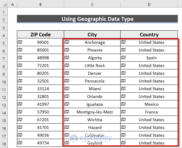 Using Geographic Data Type to Lookup ZIP Code in Excel