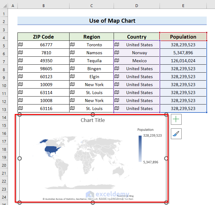 Map Chart using ZIP code in Excel