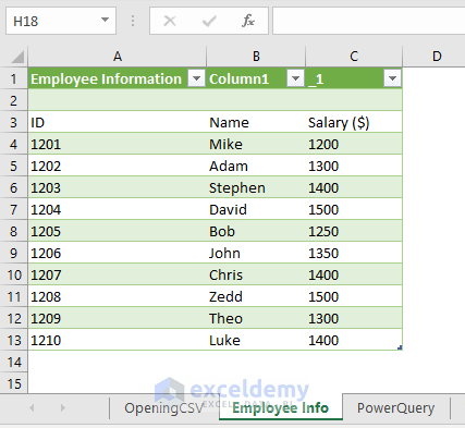 imported CSV data output in Excel