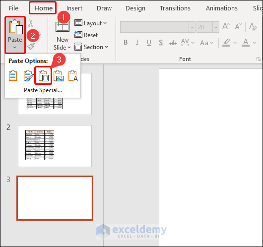 using Embed as paste options to embed excel file in powerpoint