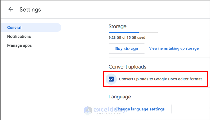 Changing Settings of Google Drive to Convert Excel to Google Sheets Automatically