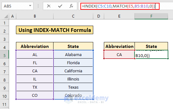 Convert State Abbreviation to Name in Excel(INDEX-MATCH)