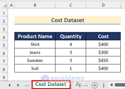 Cost Dataset Worksheet to Create Table from Multiple Sheets in Excel