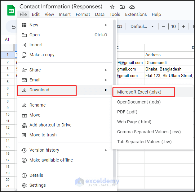 Download google Sheets as Excel sheet