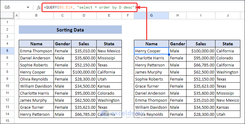 Sorting data with Google Sheets QUERY function