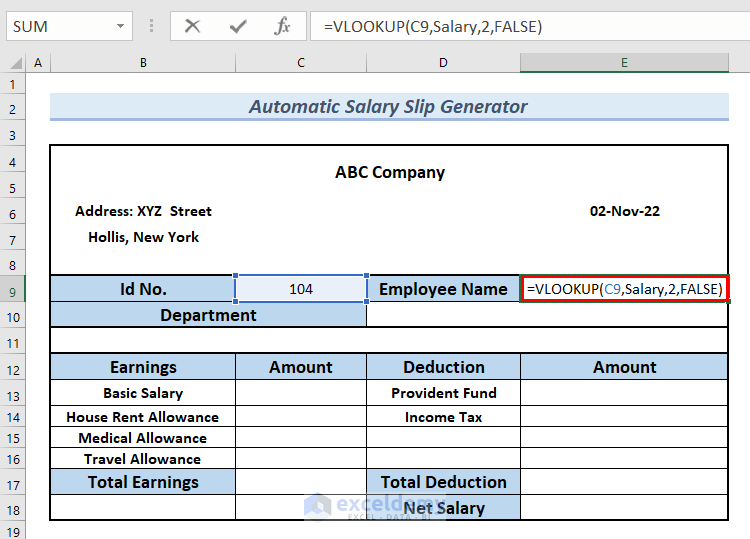Applying VLOOKUP Funcion in automatic Salary slip in Excel