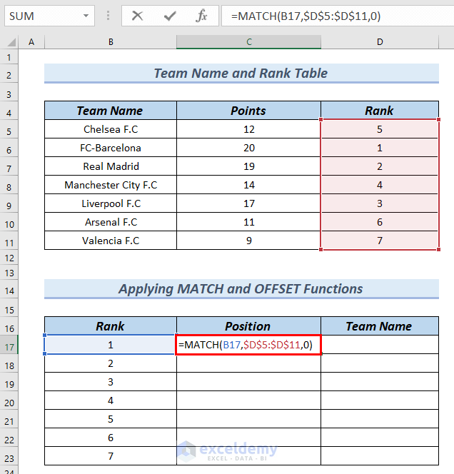 Applying MATCH Function to create a league table in excel