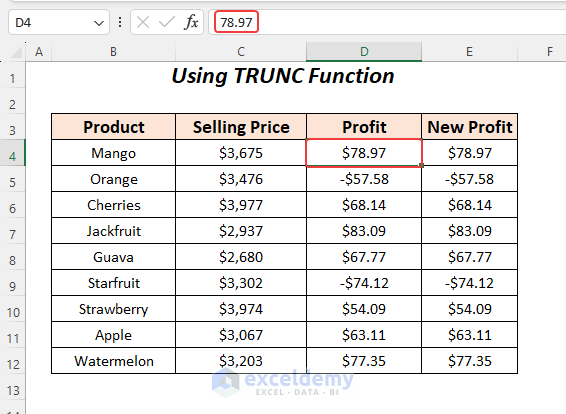 Result of TRUNC function to reduce decimals