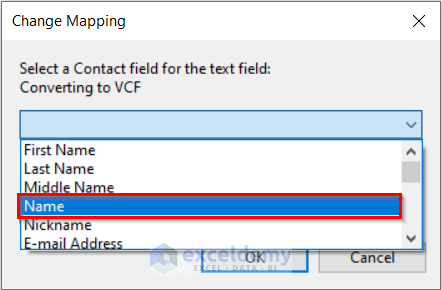 Change Mapping Dialog Box to Convert Excel to VCF without Software