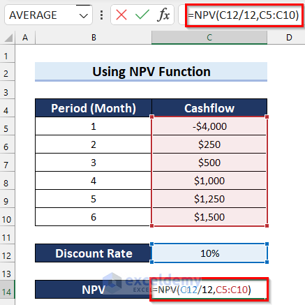 Aplicar la función NPV para flujos de efectivo mensuales en Excel