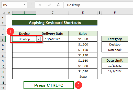 Applying Keyboard Shortcuts to Copy Data Validation in Excel