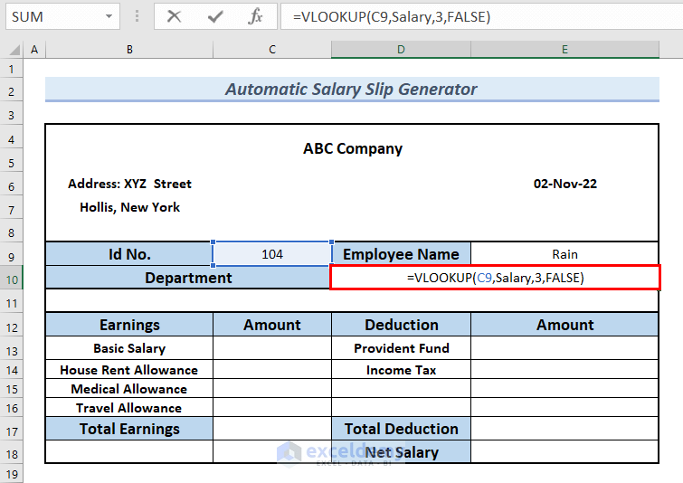 Using VLOOKUP Function to Find Out Department in Automatic Salary Slip