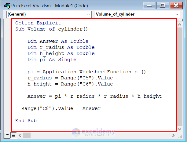 Calculating Volume of Cylinder by Uisng Pi in Excel VBA