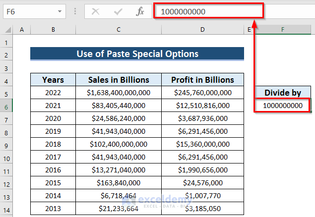 Using Paste Special Options to Abbreviate Billions