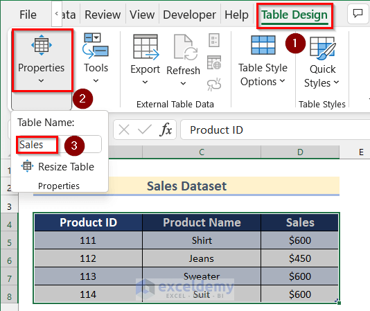 Giving Name to the Table to Create Table from Multiple Sheets in Excel