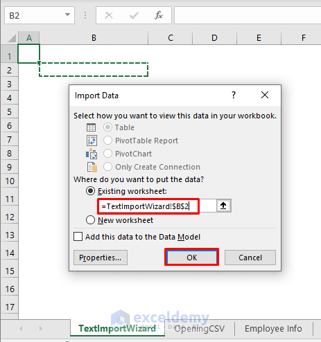 choose desired location to import data