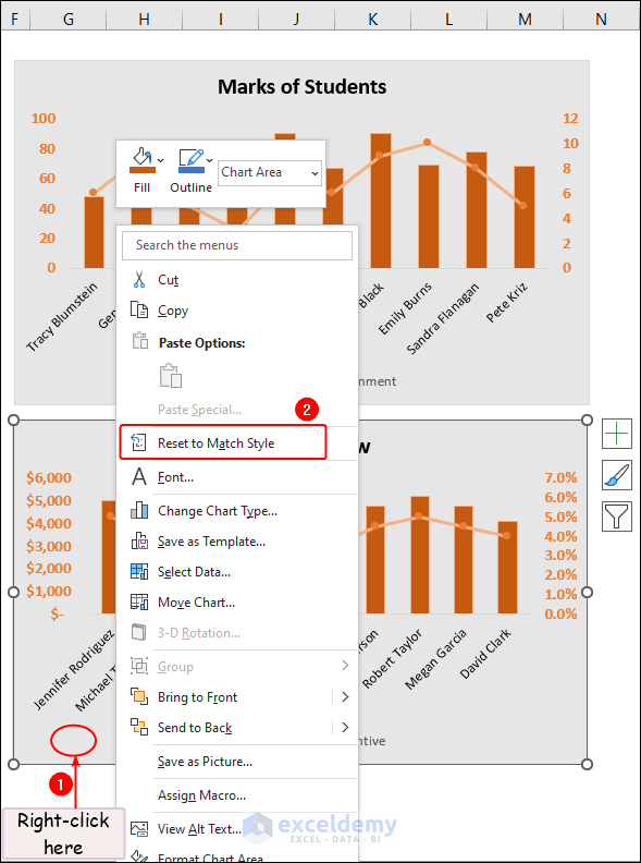 reset to match style in Excel chart