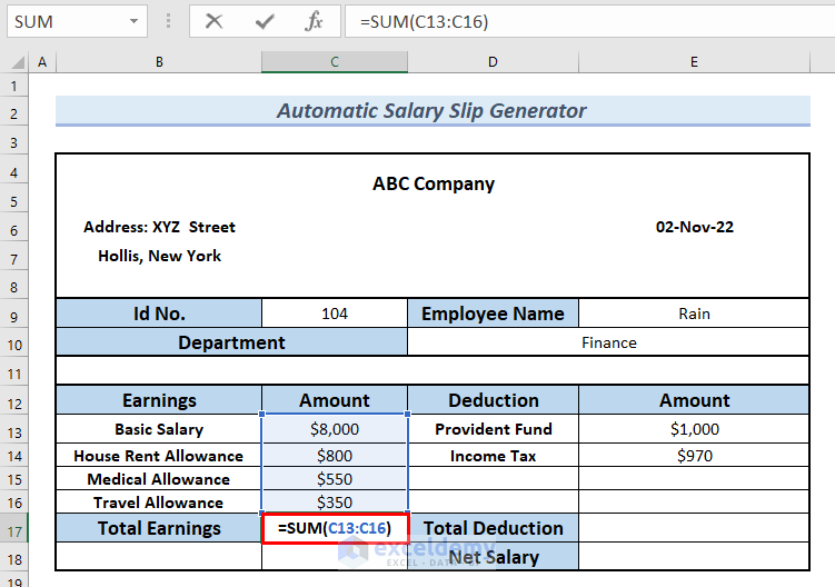 Use of SUM Function to Find Total Earnings in Automatic Salary Slip