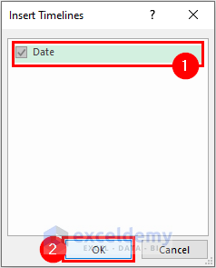 Cuadro de diálogo Insertar líneas de tiempo para cambiar el rango de fechas en el gráfico de Excel