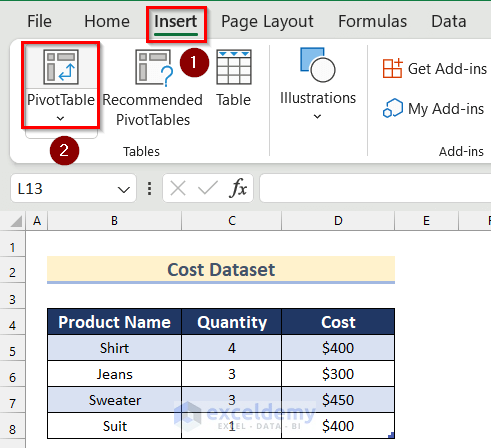Inserting Pivot Table to Create Table from Multiple Sheets in Excel