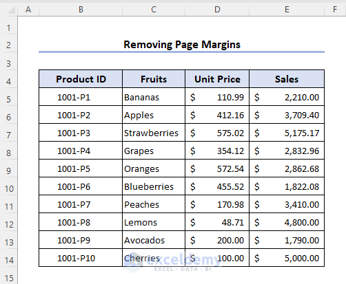 Margin removed from Excel