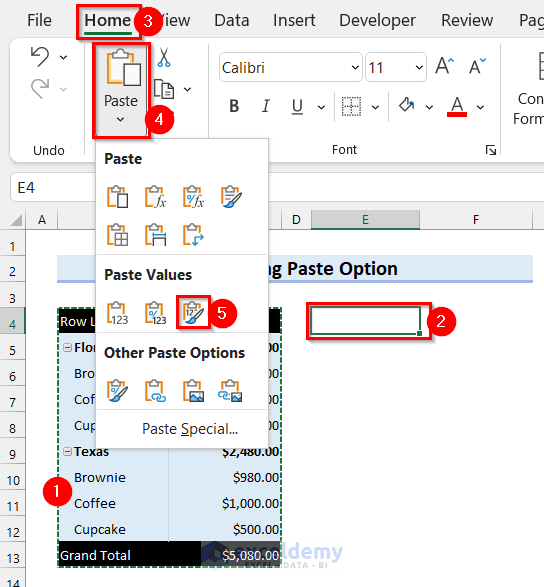 Employ Paste Option to Copy and Paste Pivot Table Values with Formatting in Excel