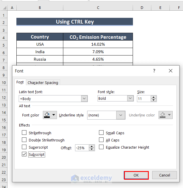 Use of CTRL+1 Keys to Add Subscript in Excel Graph