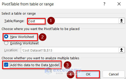 Opening PivotTable from Table or Range Box to Create Table from Multiple Sheets in Excel