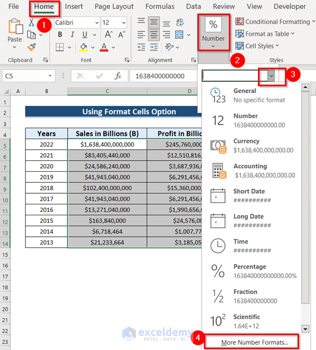 Use of Custom Format from Format Cells Features to Abbreviate Billions in Excel