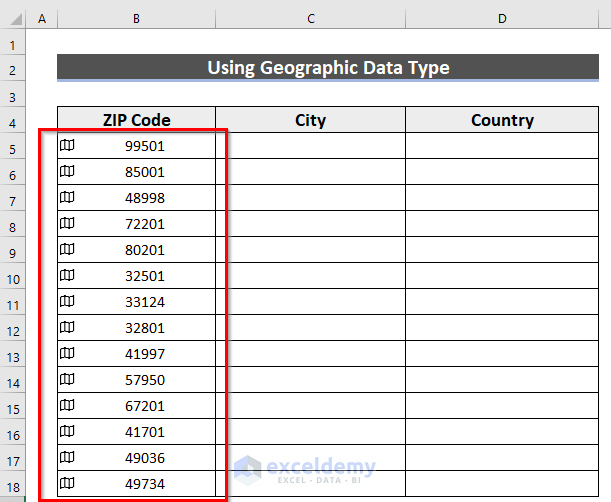 Excel Geographic data using ZIP Code 