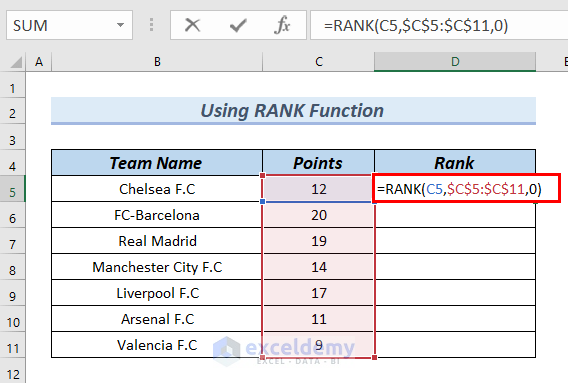 Using RANK Funcion to create a league table in excel