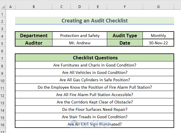 Dataset to Create an Audit Checklist in Excel