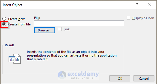 Selecting Create from File to Insert Excel File