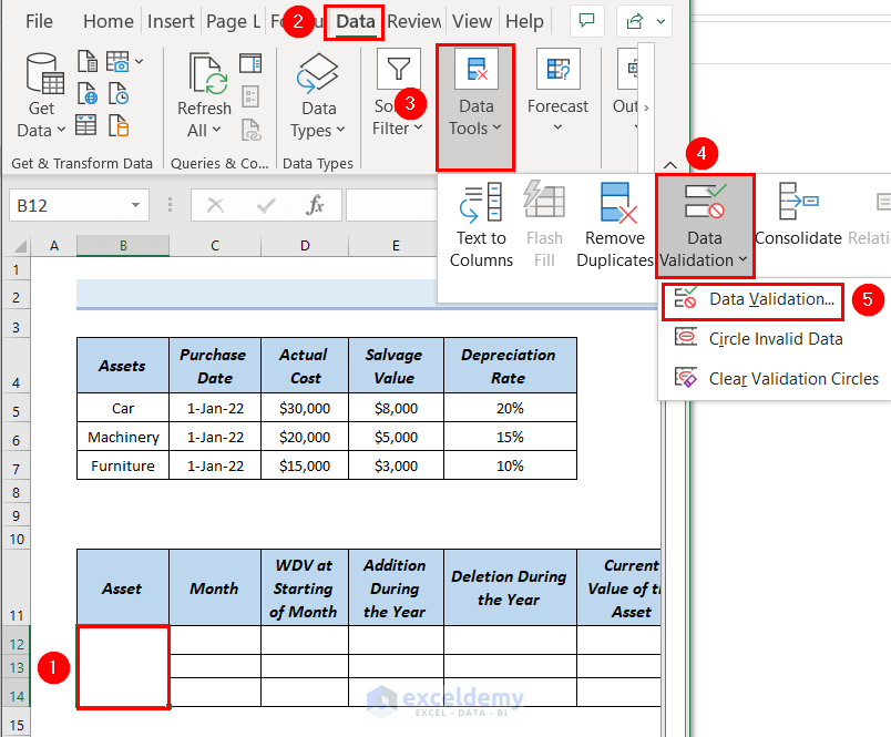Using Data Validation Feature to Create Monthly Depreciation Schedule Excel