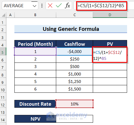 Utilice la fórmula genérica para calcular el VAN de los flujos de efectivo mensuales en Excel