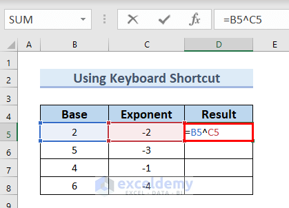 Using Keyboard Shortcut to Use Negative Exponents in Excel