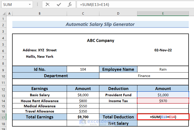 Calculating Total Deduction in Automaric Slalary Slip in Excel