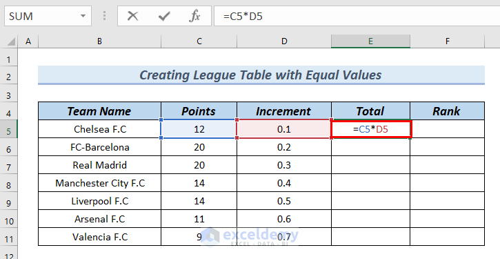 Calculating Total to create a league table in excel
