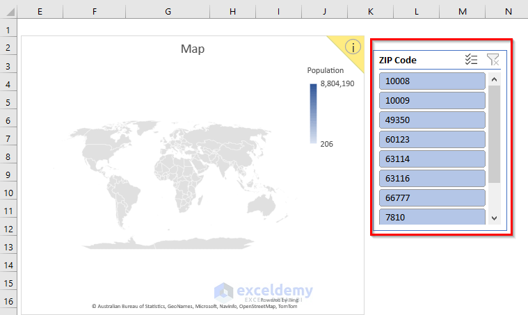 Map Excel Chart by Zip Code with Slicer