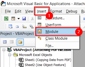 Opening Module to Attach PDF file in Excel