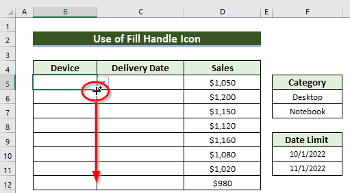 Use of Fill Handle Icon to Copy Data Validation in Excel