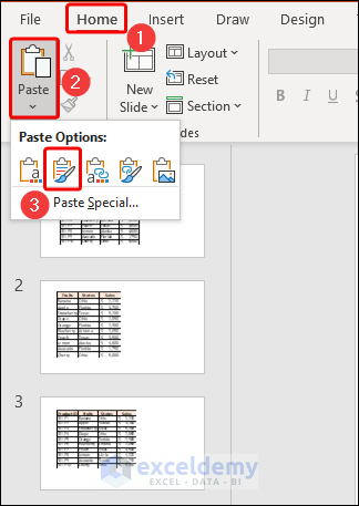using a paste option to paste chart in powerpoint file
