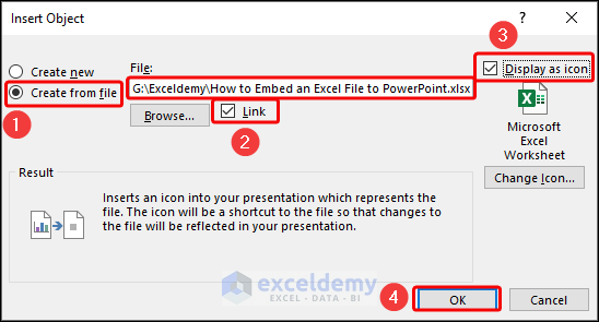 checking boxes of Link and Display as icon in the Insert Object dialog box