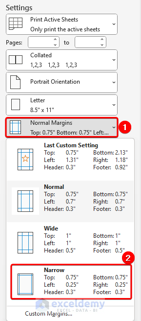 Changing margins from the File tab