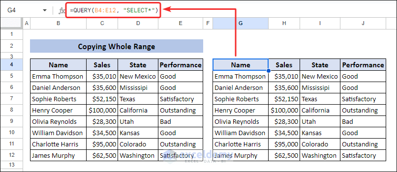 Select all columns and copy whole range with Google Sheets QUERY function