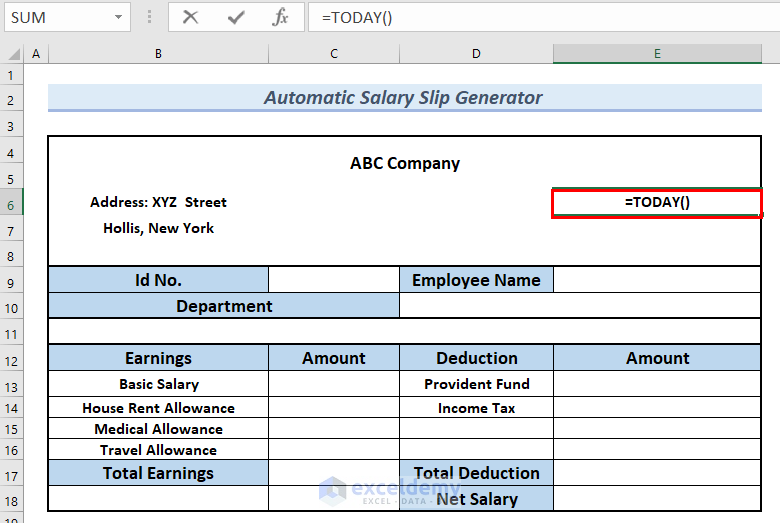 Use of TODAY Function in Automatic Salary Slip 