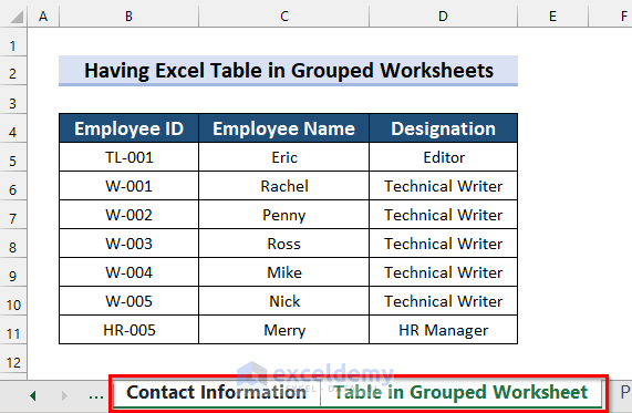 Having Excel Table in Grouped Worksheets