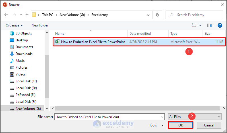 selecting excel file to be embedded in powerpoint